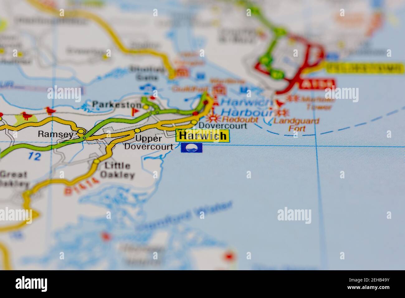 Harwich and surrounding areas shown on a road map or Geography map ...