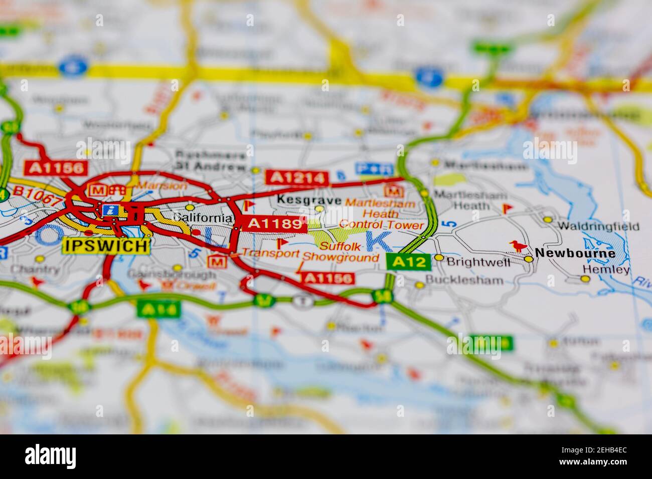 Ipswich and surrounding areas shown on a road map or Geography map 