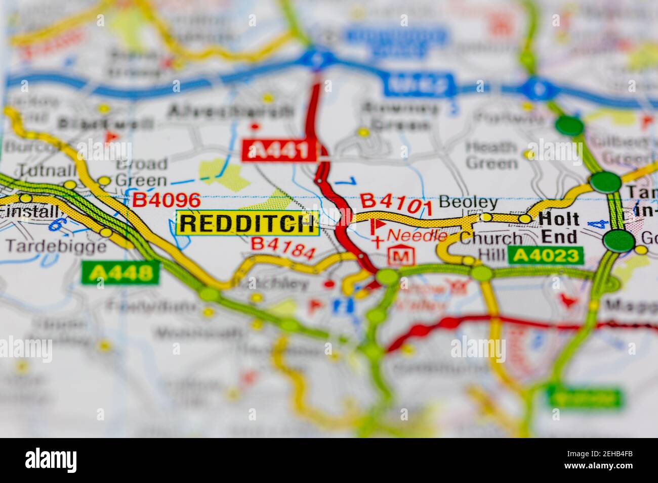 Redditch and surrounding areas shown on a road map or Geography map Stock Photo