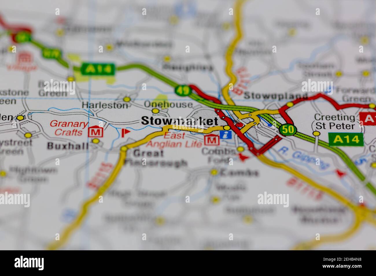 Stowmarket And Surrounding Areas Shown On A Road Map Or Geography Map 2EHB4N8 