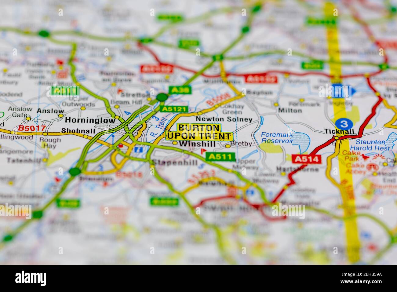 Burton upon trent and surrounding areas shown on a road map or Geography map Stock Photo