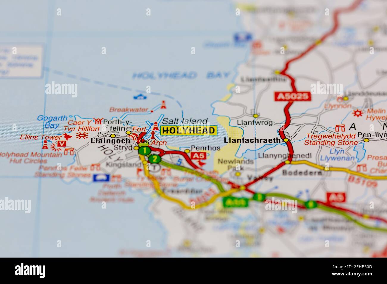 Holyhead and surrounding areas shown on a road map or Geography map