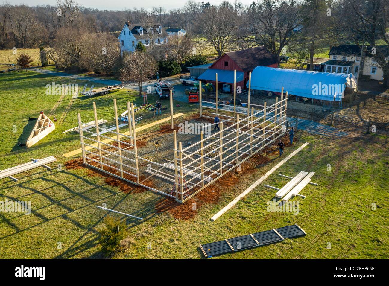 Pole Barn construction on farm in Harford County Maryland Stock Photo