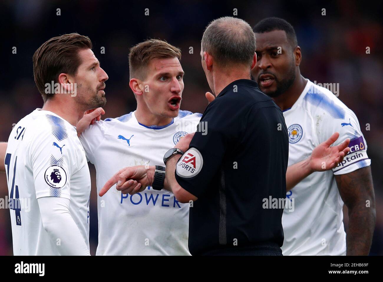 Soccer Football - Premier League - Crystal Palace v Leicester City - Selhurst Park, London, Britain - April 28, 2018   Leicester City's Marc Albrighton reacts after being sent off by referee Mike Dean as Adrien Silva and Wes Morgan look on   REUTERS/Eddie Keogh    EDITORIAL USE ONLY. No use with unauthorized audio, video, data, fixture lists, club/league logos or 'live' services. Online in-match use limited to 75 images, no video emulation. No use in betting, games or single club/league/player publications.  Please contact your account representative for further details. Stock Photo