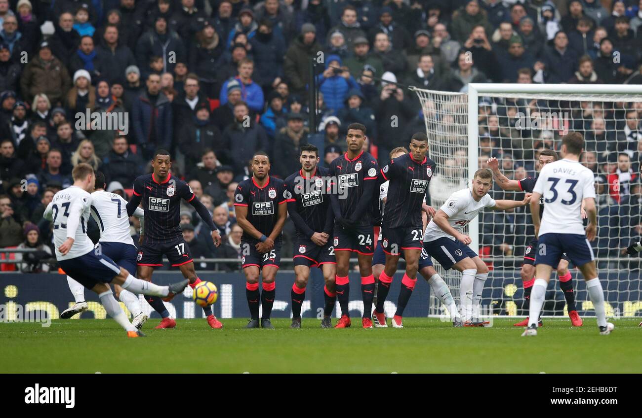 Soccer Football - Premier League - Tottenham Hotspur vs Huddersfield Town - Wembley Stadium, London, Britain - March 3, 2018   Tottenham's Christian Eriksen takes a free-kick   REUTERS/Eddie Keogh    EDITORIAL USE ONLY. No use with unauthorized audio, video, data, fixture lists, club/league logos or 'live' services. Online in-match use limited to 75 images, no video emulation. No use in betting, games or single club/league/player publications.  Please contact your account representative for further details. Stock Photo