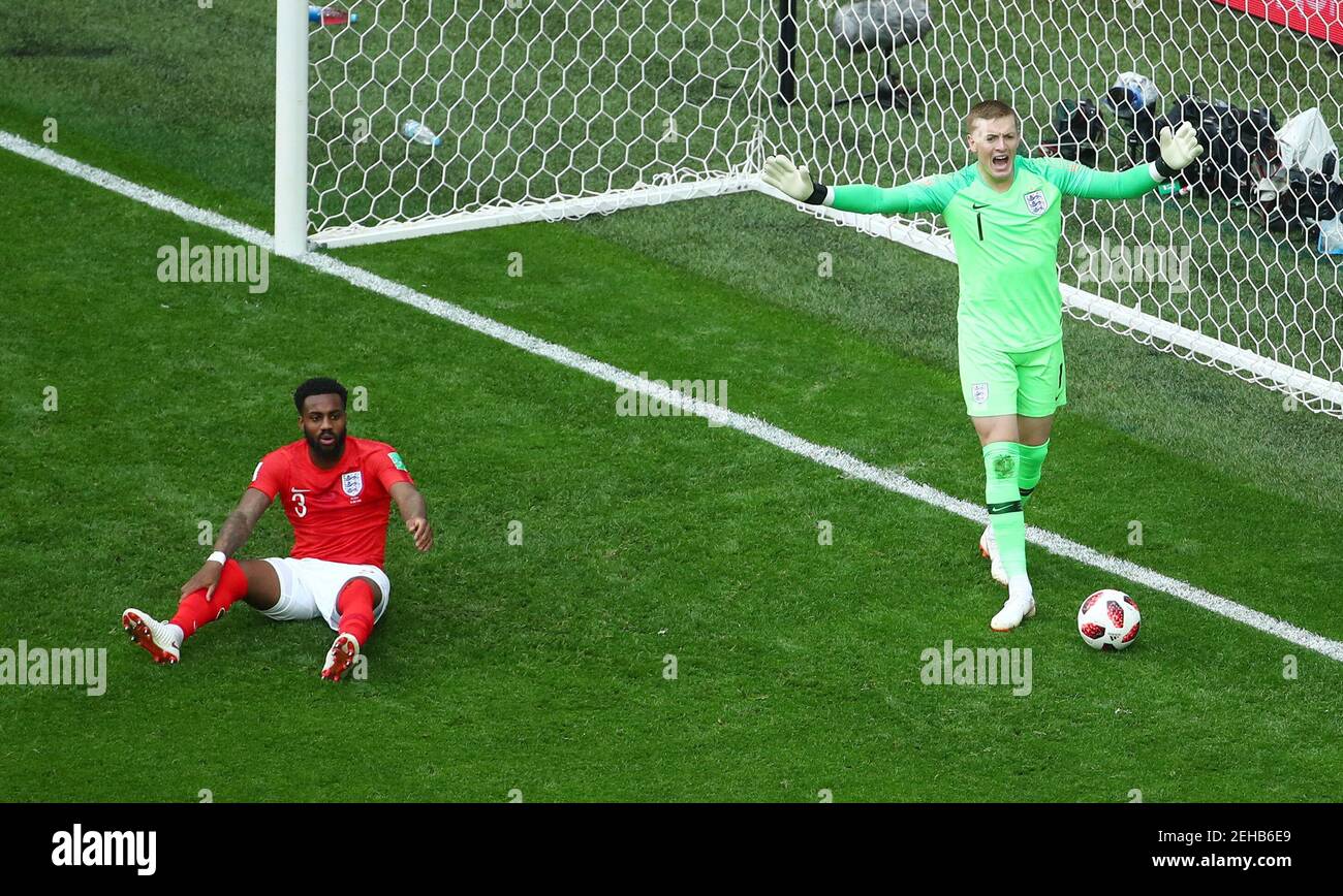 Soccer Football - World Cup - Third Place Play Off - Belgium v England - Saint Petersburg Stadium, Saint Petersburg, Russia - July 14, 2018  England's Jordan Pickford and Danny Rose reacts after Belgium's Thomas Meunier (not pictured) scored their first goal   REUTERS/Michael Dalder Stock Photo