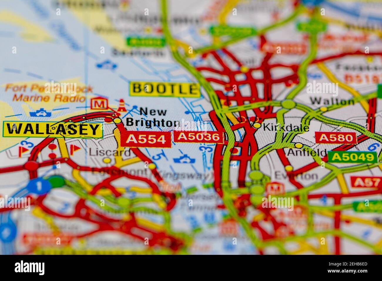 Wallasey and surrounding areas shown on a road map or Geography map Stock Photo
