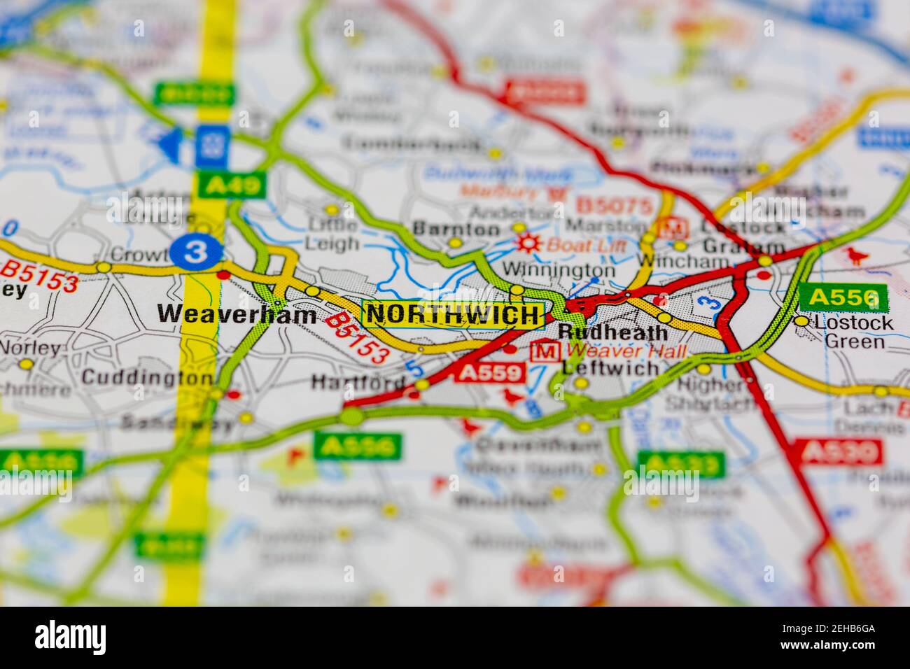 Northwich and surrounding areas shown on a road map or Geography map Stock Photo