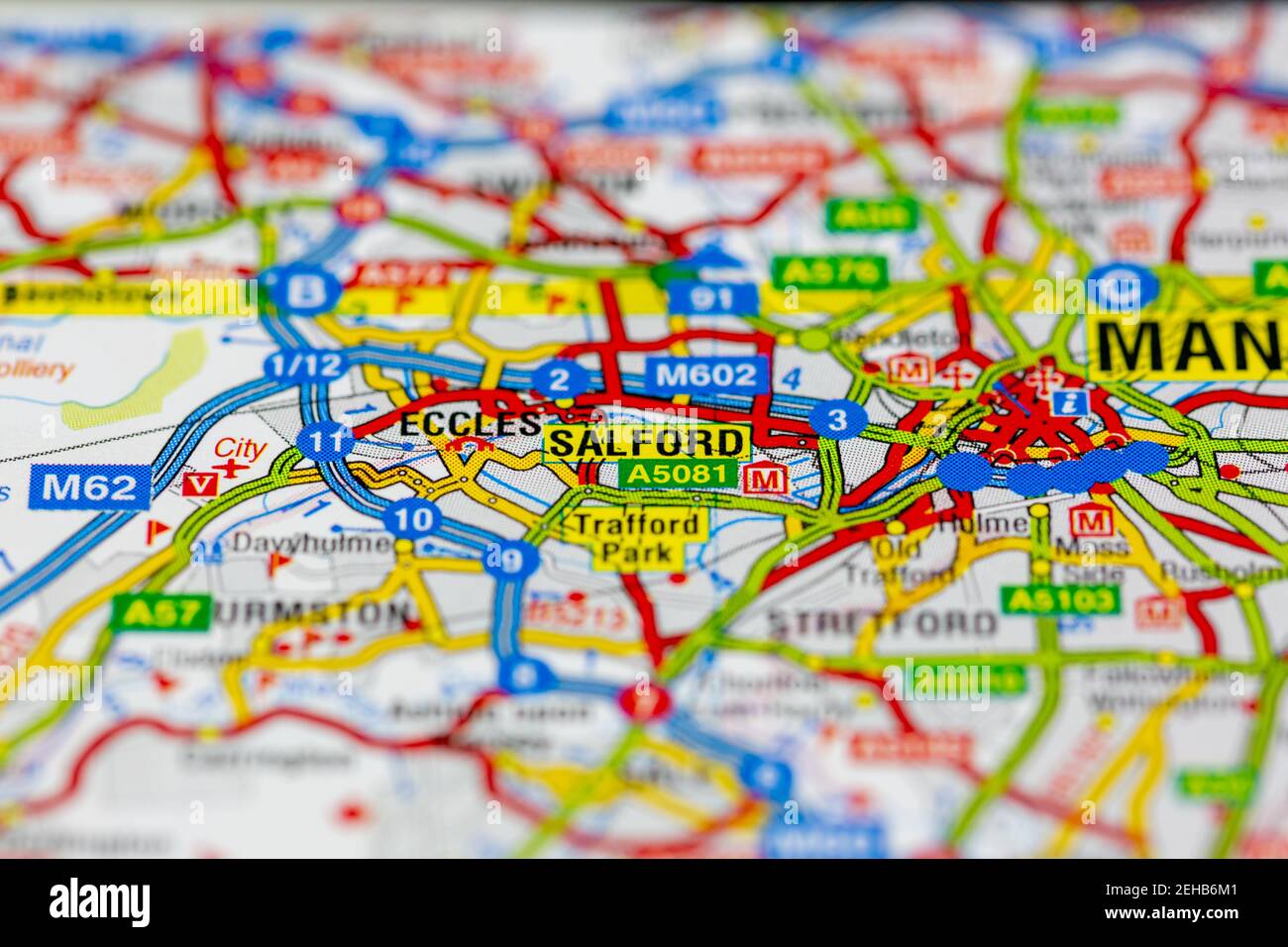 Salford and surrounding areas shown on a road map or Geography map