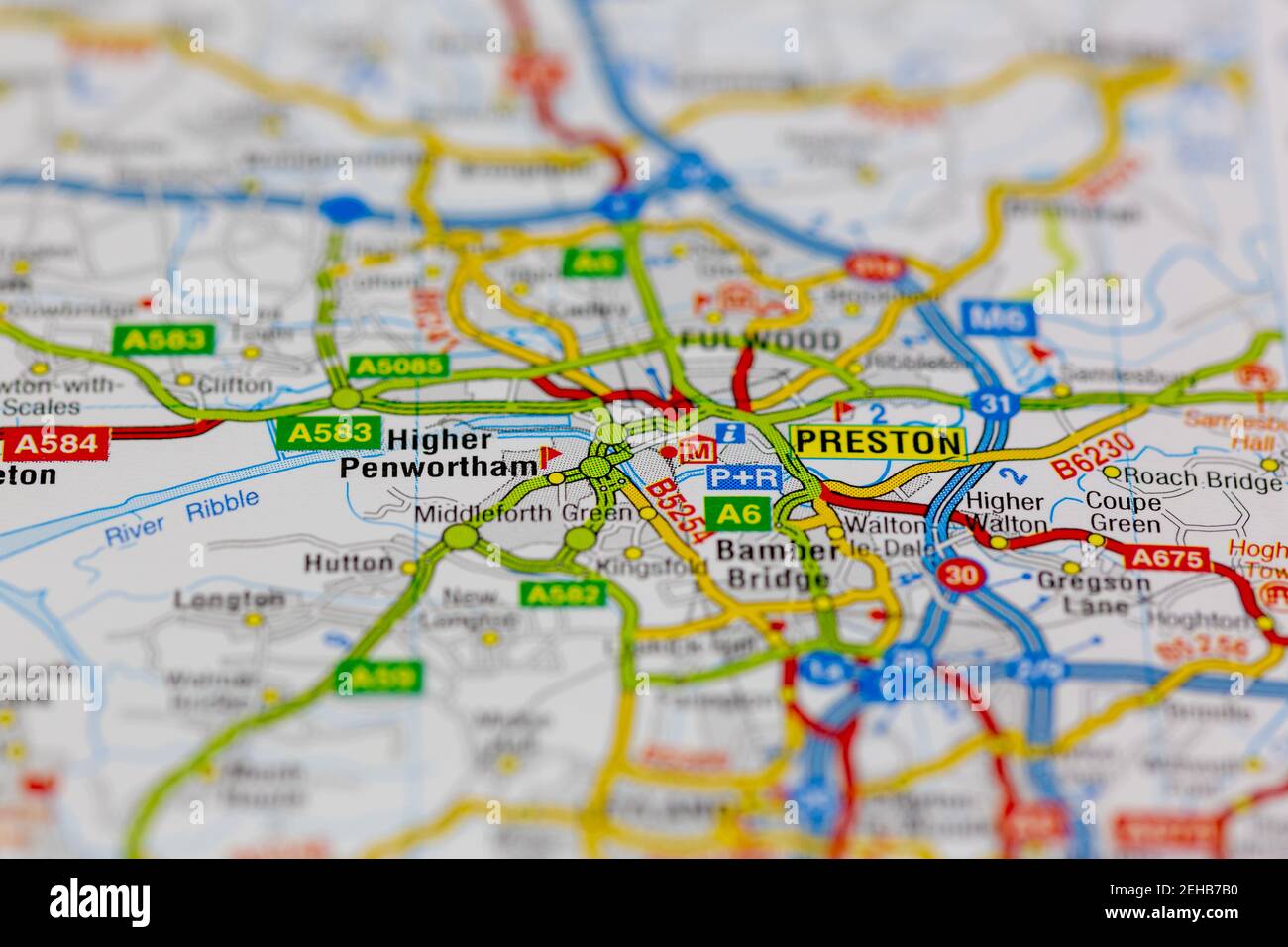 Preston and surrounding areas shown on a road map or Geography map Stock Photo