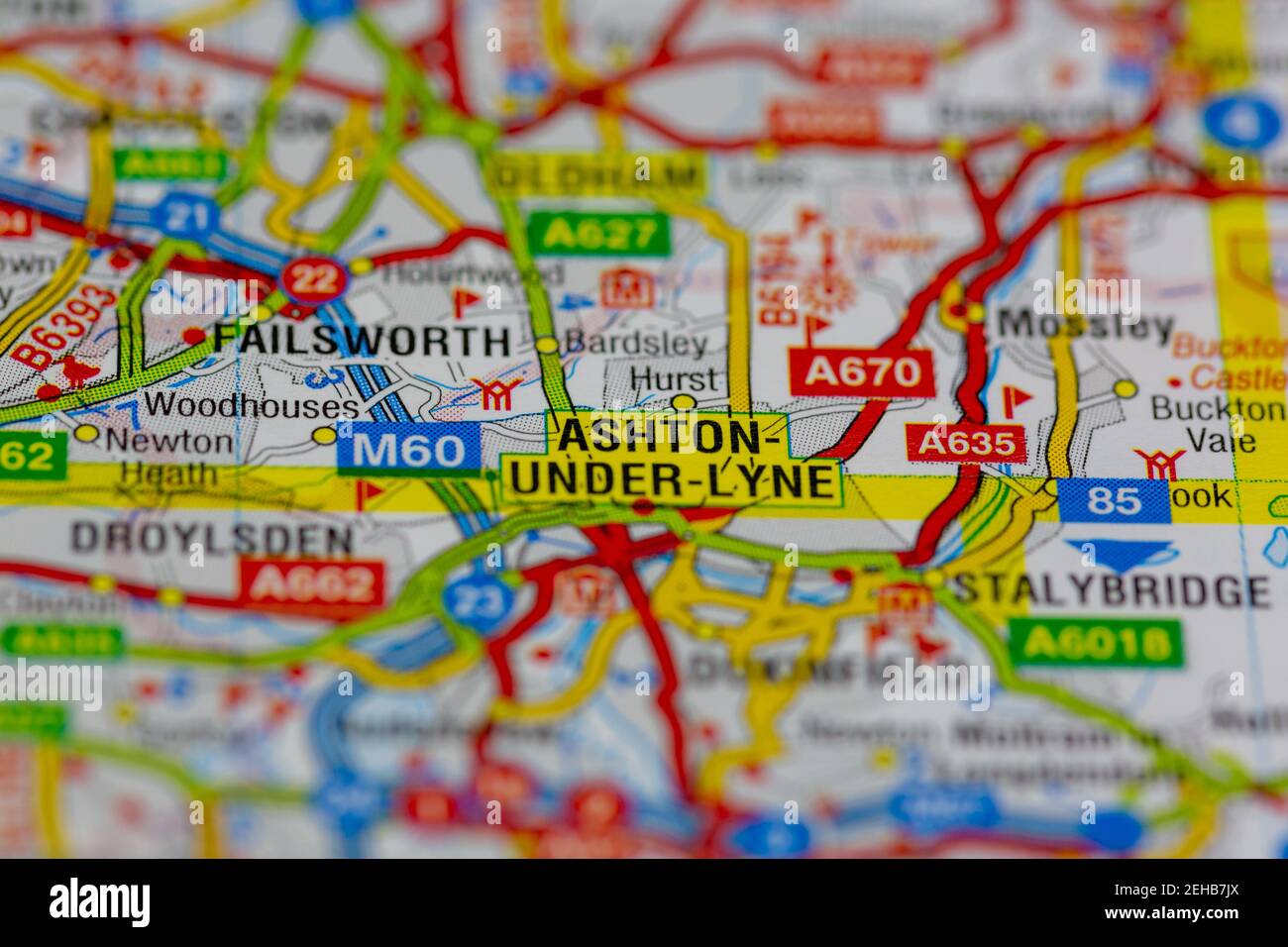 Ashton under lyne and surrounding areas shown on a road map or Geography map Stock Photo