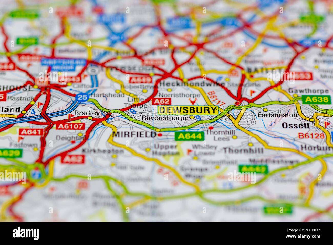 Dewsbury and surrounding areas shown on a road map or Geography map Stock Photo