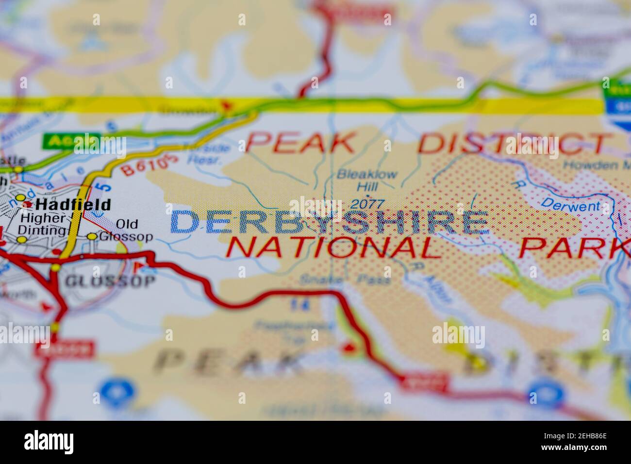 Derbyshire and surrounding areas shown on a road map or Geography map Stock Photo