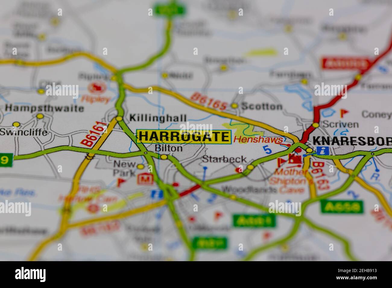 Harrogate and surrounding areas shown on a road map or Geography map Stock Photo