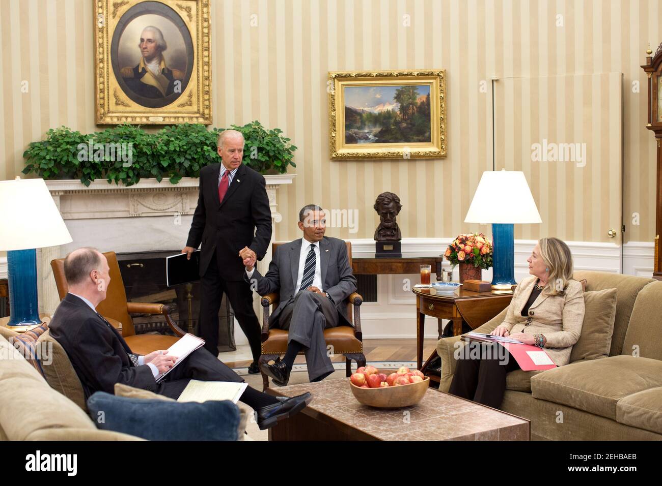 Vice President Joe Biden arrives for a meeting with President Barack Obama, Secretary of State Hillary Rodham Clinton, and National Security Advisor Tom Donilon in the Oval Office, July 18, 2012. Stock Photo