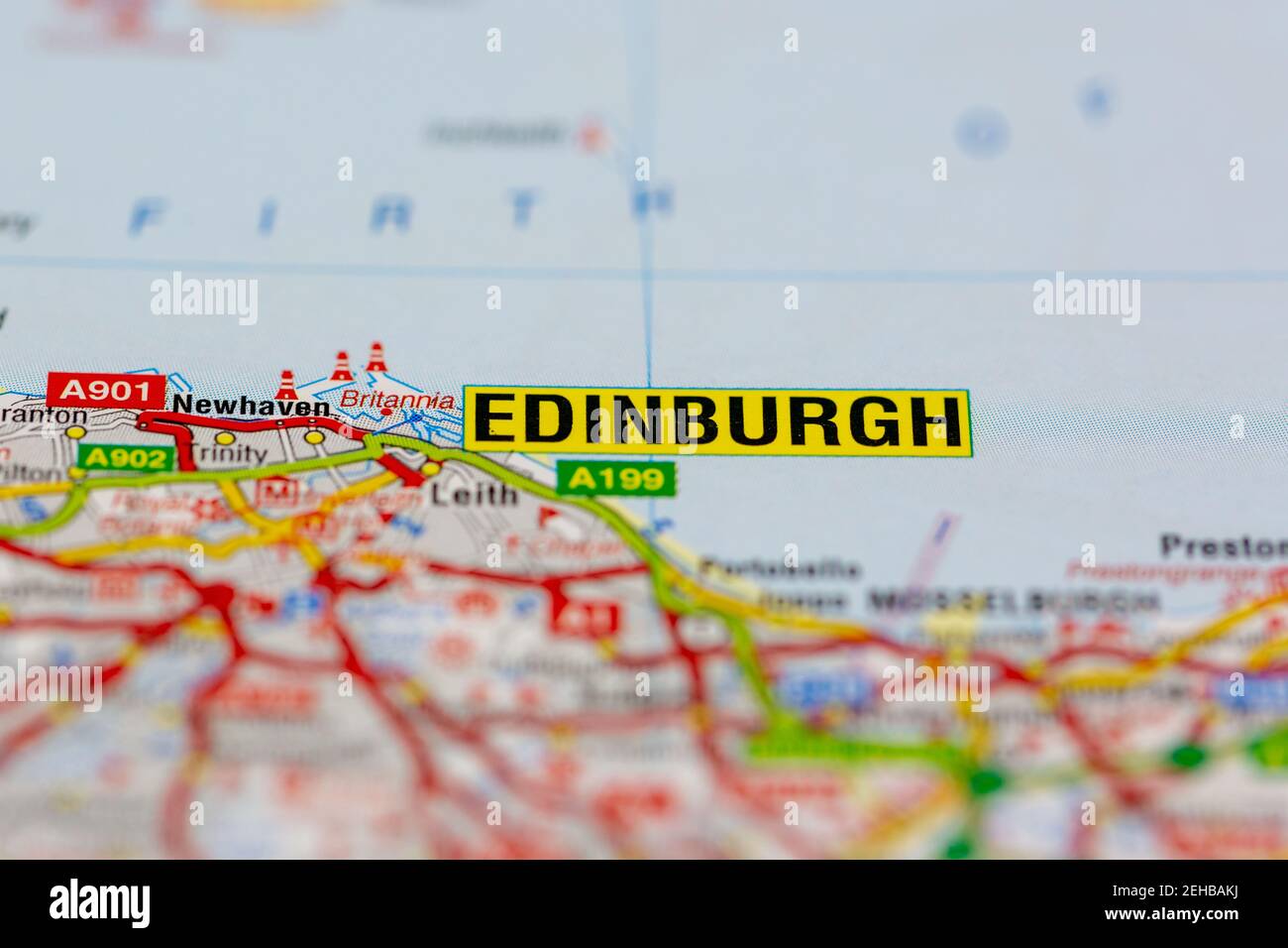 Edinburgh and surrounding areas shown on a road map or Geography map Stock Photo