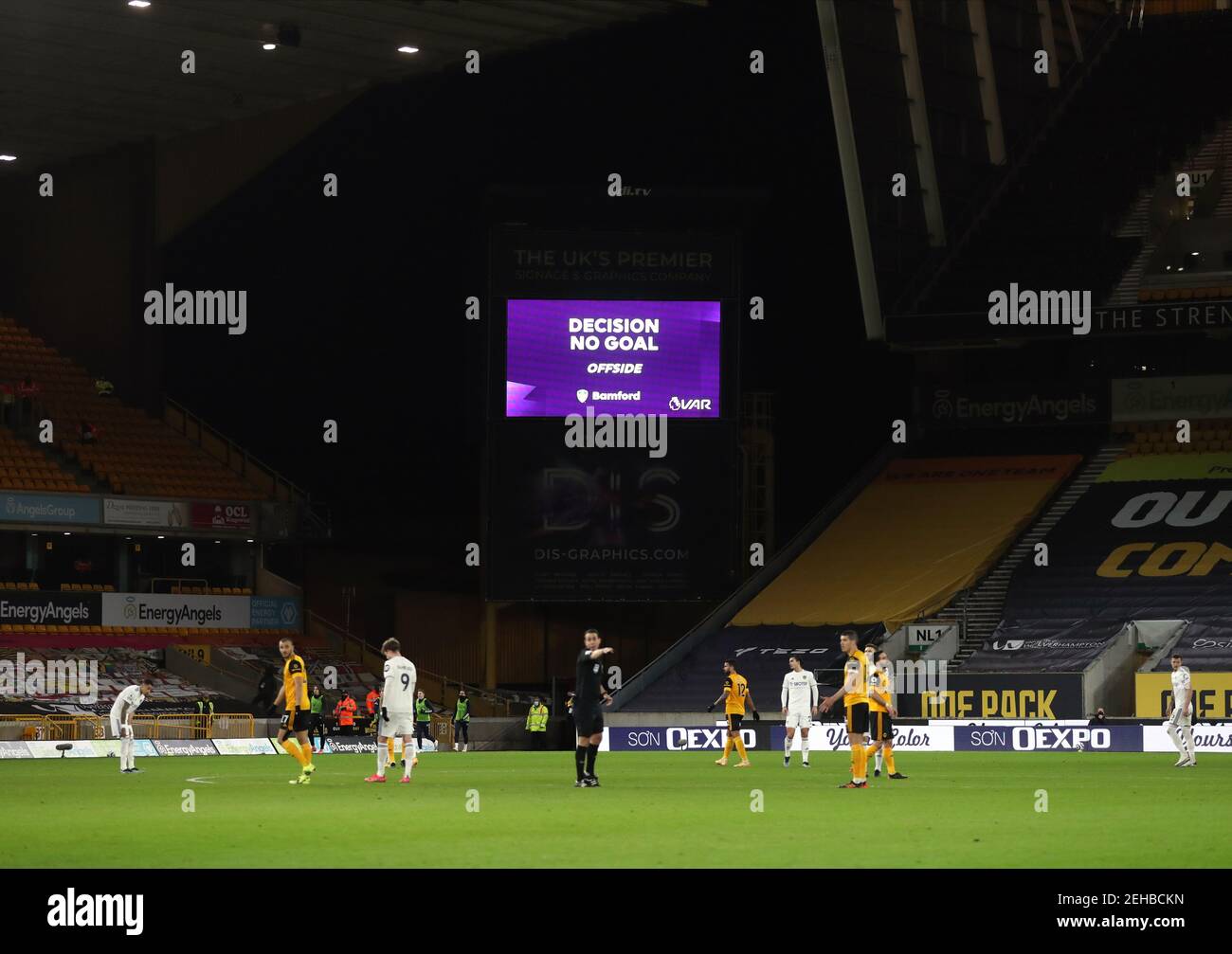 Video Assistant referee confirms Leeds United's Patrick Bamford's goal is offside during the Premier League match at the Molineux Stadium, Wolverhampton. Picture date: Friday February 19, 2021. Stock Photo