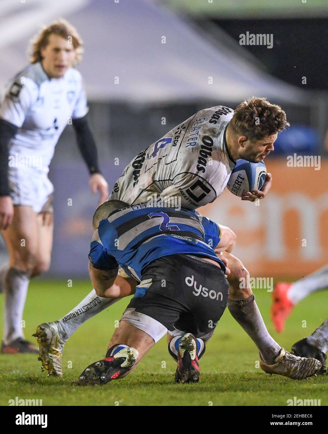 Recreation Ground, Bath, Somerset, UK. 19th Feb, 2021. English Premiership Rugby, Bath versus Gloucester; Tom Dunn of Bath tackles Ed Slater of Gloucester Credit: Action Plus Sports/Alamy Live News Stock Photo