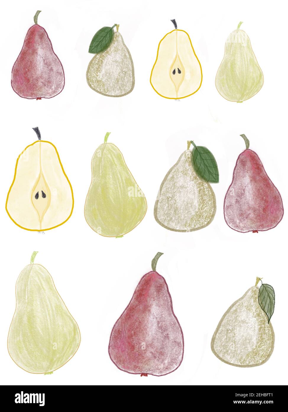 Digital illustration wallpaper of colorful pears with stems Stock Photo