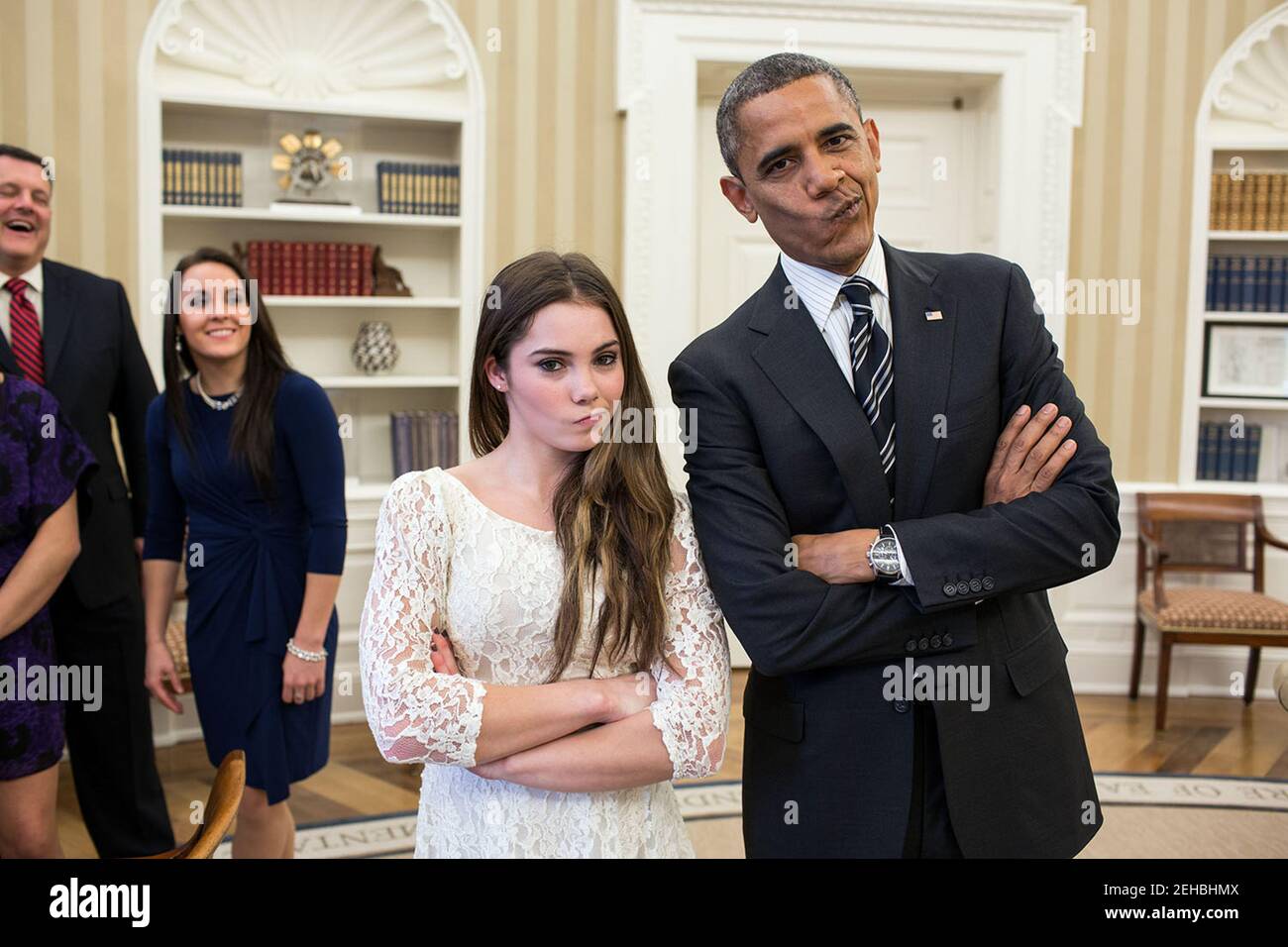 Nov. 15, 2012 The President had just met with the U.S. Olympics gymnastics team, who because of a previous commitment had missed the ceremony earlier in the year with the entire U.S. Olympic team. The President suggested to McKayla Maroney that they recreate her 'not impressed' photograph before they departed. Stock Photo