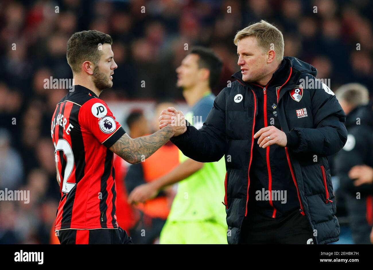 Football Soccer Britain - AFC Bournemouth v Liverpool - Premier League - Vitality Stadium - 4/12/16 Bournemouth manager Eddie Howe shakes hands with Jack Wilshere  after the game  Reuters / Eddie Keogh Livepic EDITORIAL USE ONLY. No use with unauthorized audio, video, data, fixture lists, club/league logos or "live" services. Online in-match use limited to 45 images, no video emulation. No use in betting, games or single club/league/player publications. Please contact your account representative for further details. Stock Photo