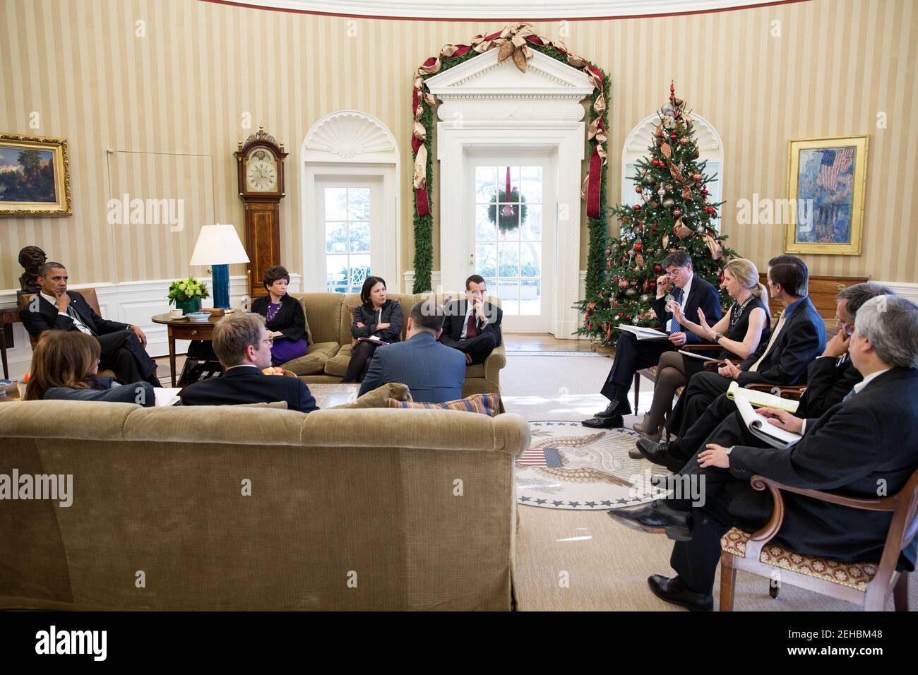 President Barack Obama meets with senior advisors in the Oval Office, Nov. 29, 2012. Pictured, from left, are: Alyssa Mastromonaco, Deputy Chief of Staff for Operations; Press Secretary Jay Carney; Senior Advisor Valerie Jarrett; Nancy-Ann DeParle, Deputy Chief of Staff for Policy; Director of Communications Dan Pfeiffer; Senior Advisor David Plouffe; Chief of Staff Jack Lew; Kathryn Ruemmler, Counsel to the President; Bruce Reed, Chief of Staff to the Vice President; Mark Childress, Deputy Chief of Staff for Planning; and Pete Rouse, Counselor to the President. Stock Photo