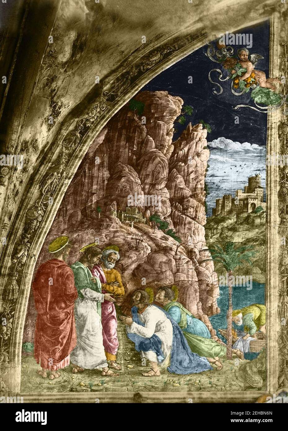 Ovetari, san giacomo 01, Vocazione di san Giacomo di Andrea Mantegna. Stock Photo