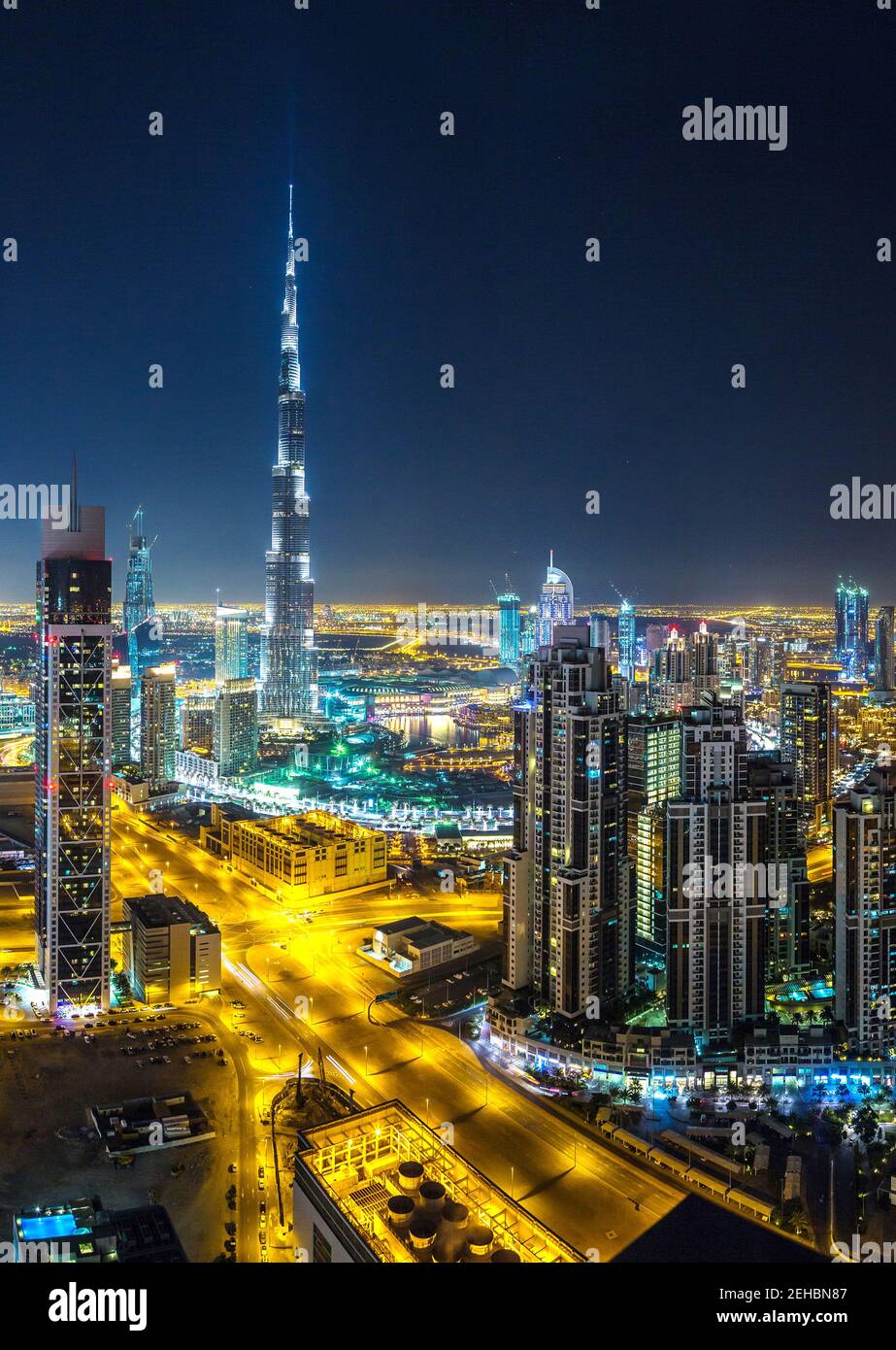 Panorama of downtown Dubai at night, United Arab Emirates Stock Photo