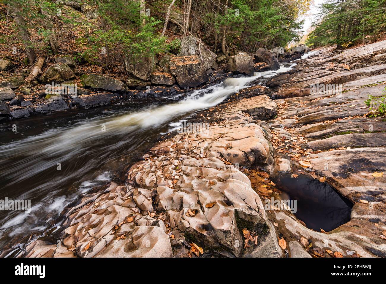 Leaves scatter the banks of Austin Falls on the Sacandaga River in autumn, Adirondack Mountains, Hamilton County, New Yorkbb Stock Photo