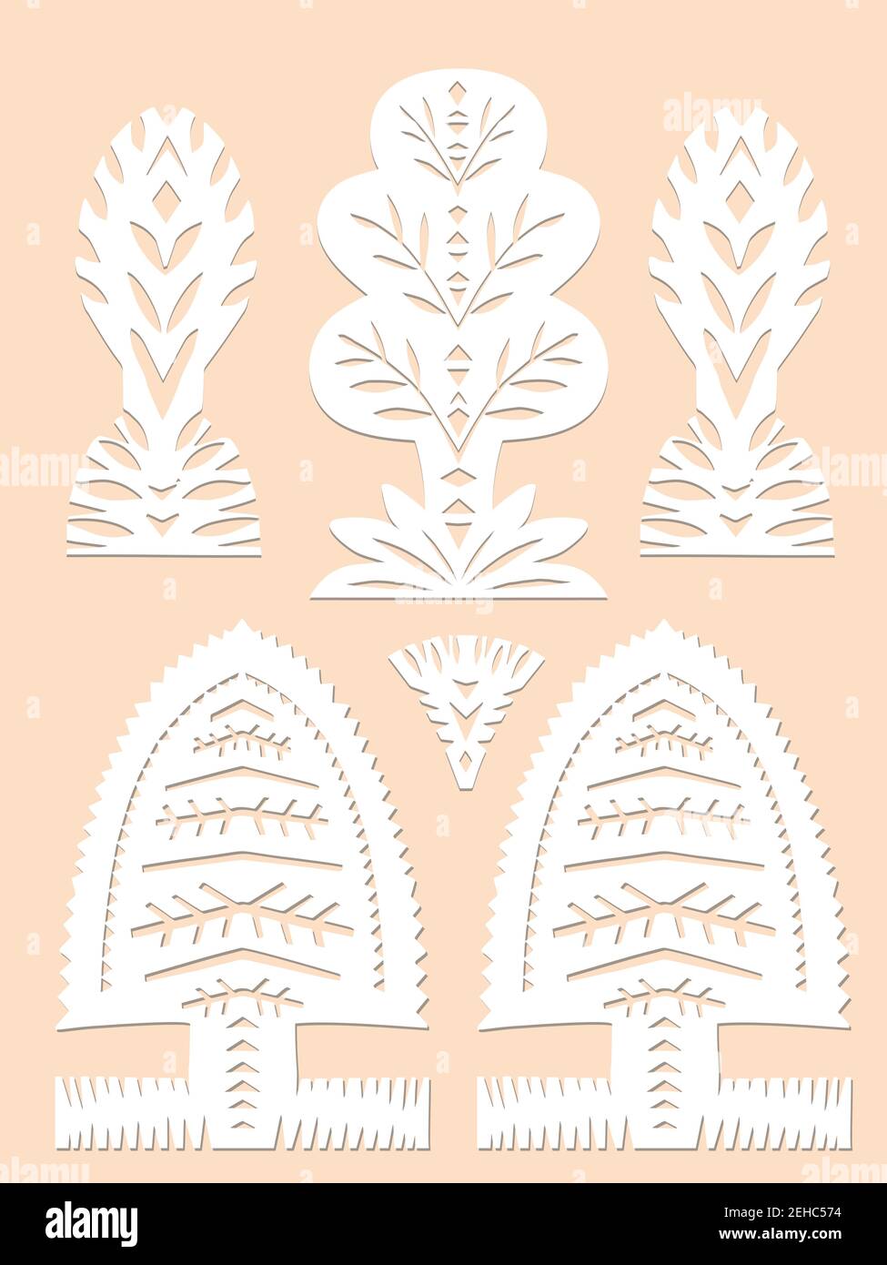 Set of paper cut spring, summer symbols decorative trees in white color isolated on beige background Traditional Belarusian, Polish paper clippings Stock Vector