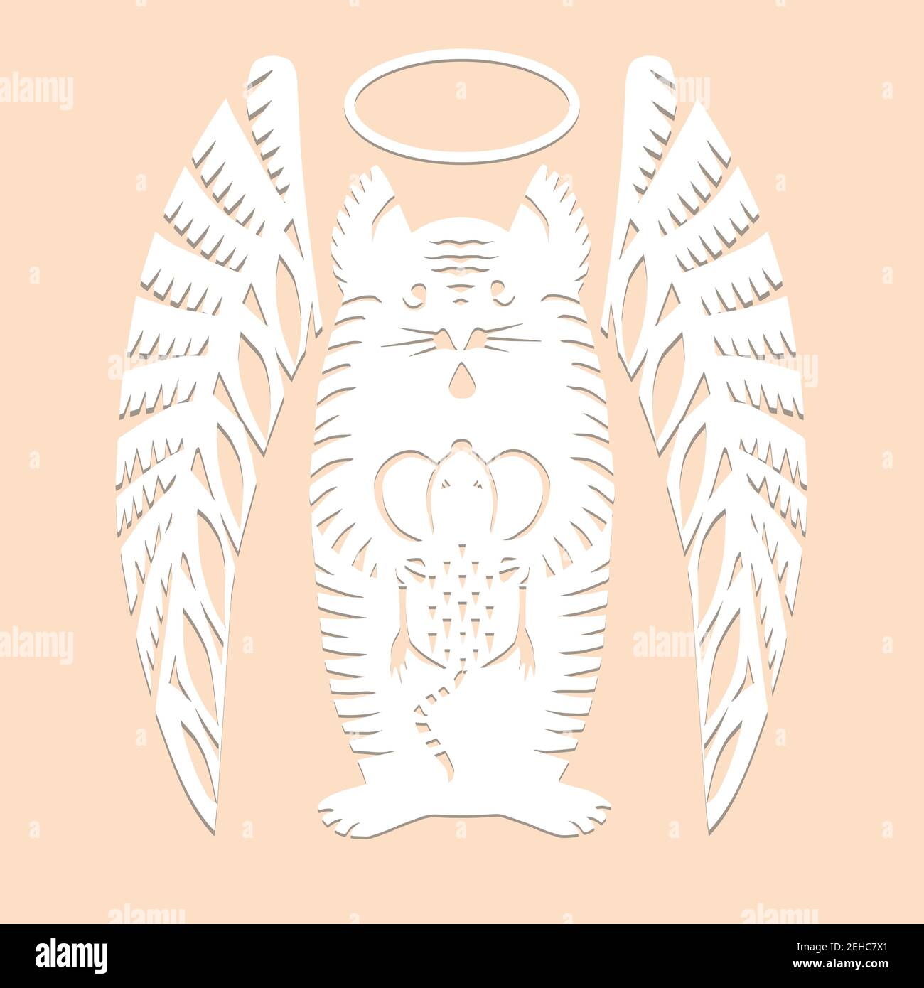 Cat angel with mouse Paper cut decorative silhouette animal in white color isolated on beige background Traditional Belarusian, Polish paper clippings Stock Vector