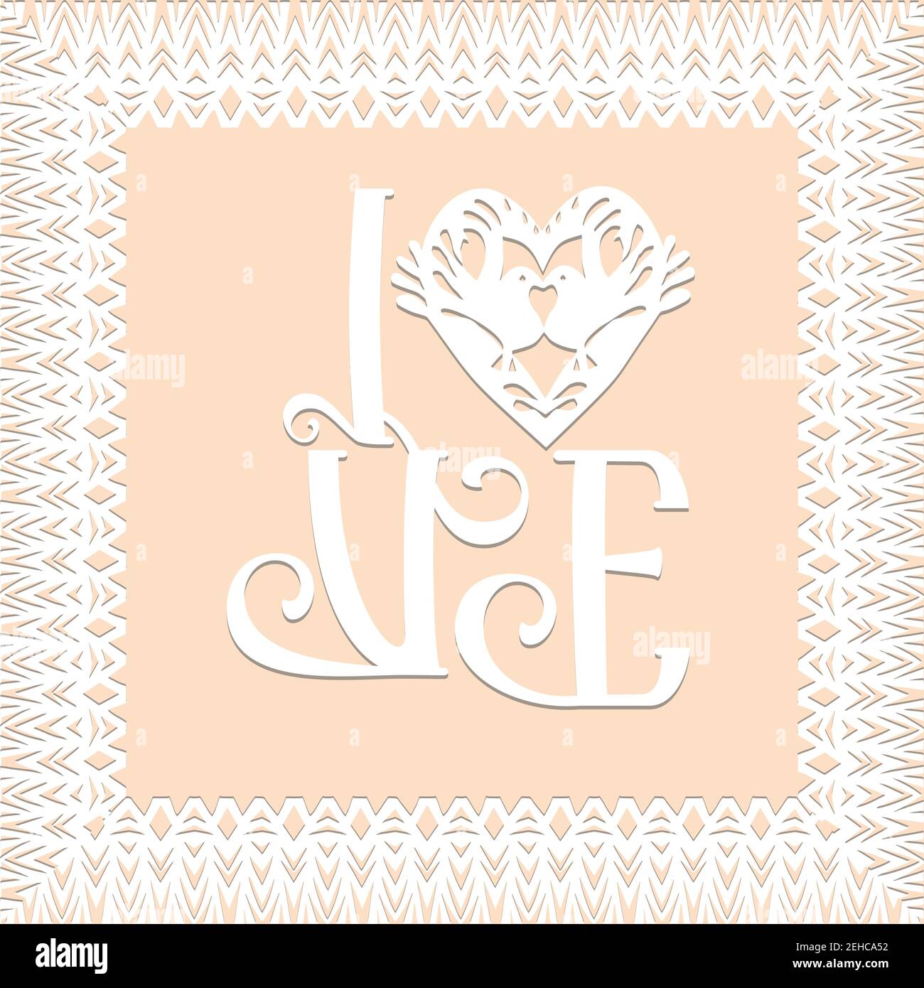 Love symbol, valentine card, decorative heart with birds and lace frame in white color isolated background Paper cut Traditional Belarusian, Polish Stock Vector
