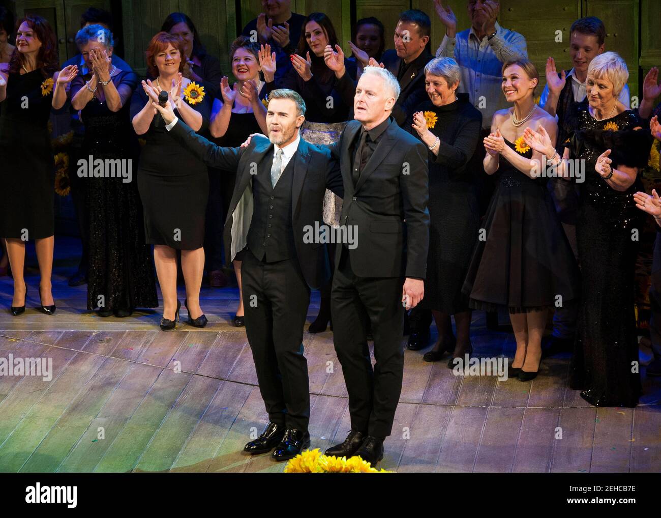 Gary Barlow and Tim Firth on stage during the press night of The Girls at the Phoenix Theatre, London. Picture date: Tuesday 21st February 2017. Photo credit should read:  © DavidJensen Stock Photo