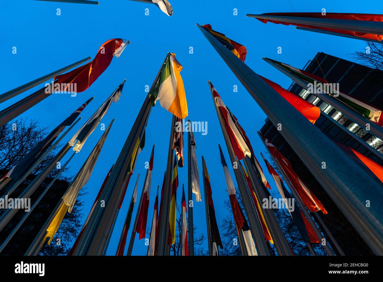 Low angle shot of flag poles with flags Stock Photo - Alamy