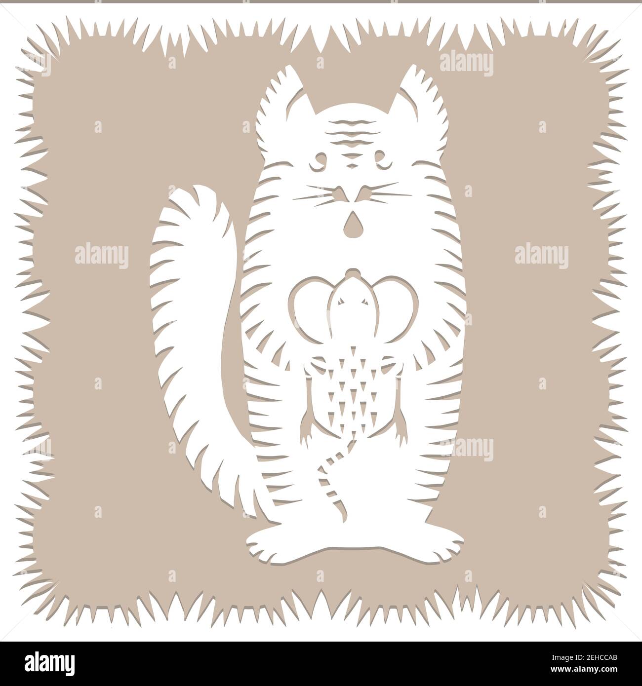 Striped cat with mouse Paper cut decorative silhouette animal in white color isolated on beige background Traditional Belarusian, Polish paper Stock Vector
