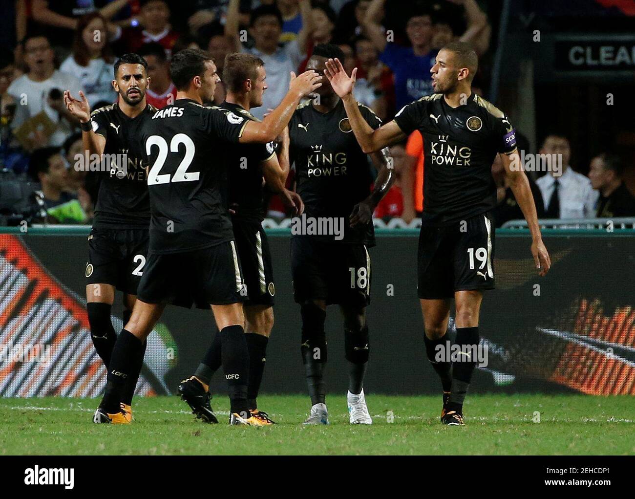 Soccer Football - Leicester City v Liverpool - Pre Season Friendly - The Premier League Asia Trophy - Final - June 22, 2017   Leicester City's Islam Slimani (R) celebrates scoring their first goal with team mates   REUTERS/BOBBY YIP Stock Photo