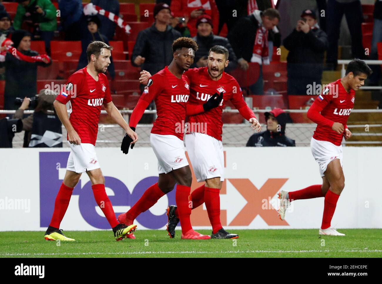 Soccer Football - Europa League - Group Stage - Group G - Spartak Moscow v Villarreal - Spartak Stadium, Moscow, Russia - October 4, 2018  Spartak Moscow's Ze Luis celebrates scoring their first goal with Salvatore Bocchetti and team mates  REUTERS/Sergei Karpukhin Stock Photo