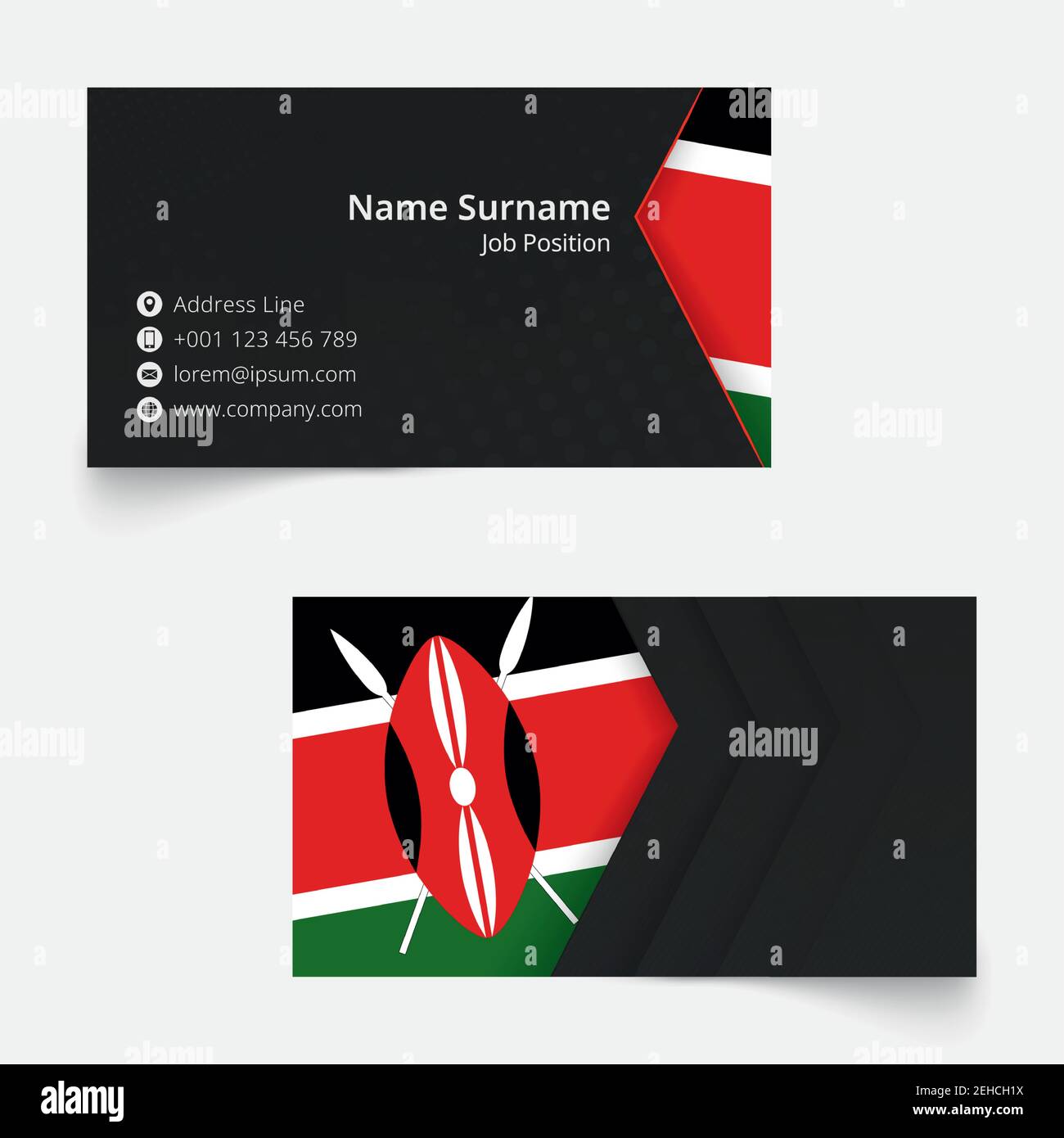 Kenya Flag Business Card, standard size (90x50 mm) business card template with bleed under the clipping mask. Stock Vector