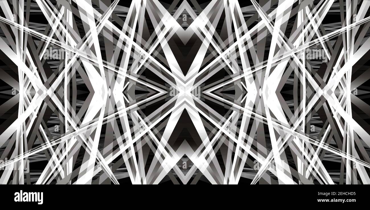 3D illustration of a kaleidoscope geometric pattern in black and white, for abstract or futuristic backgrounds or alpha channels. Stock Photo
