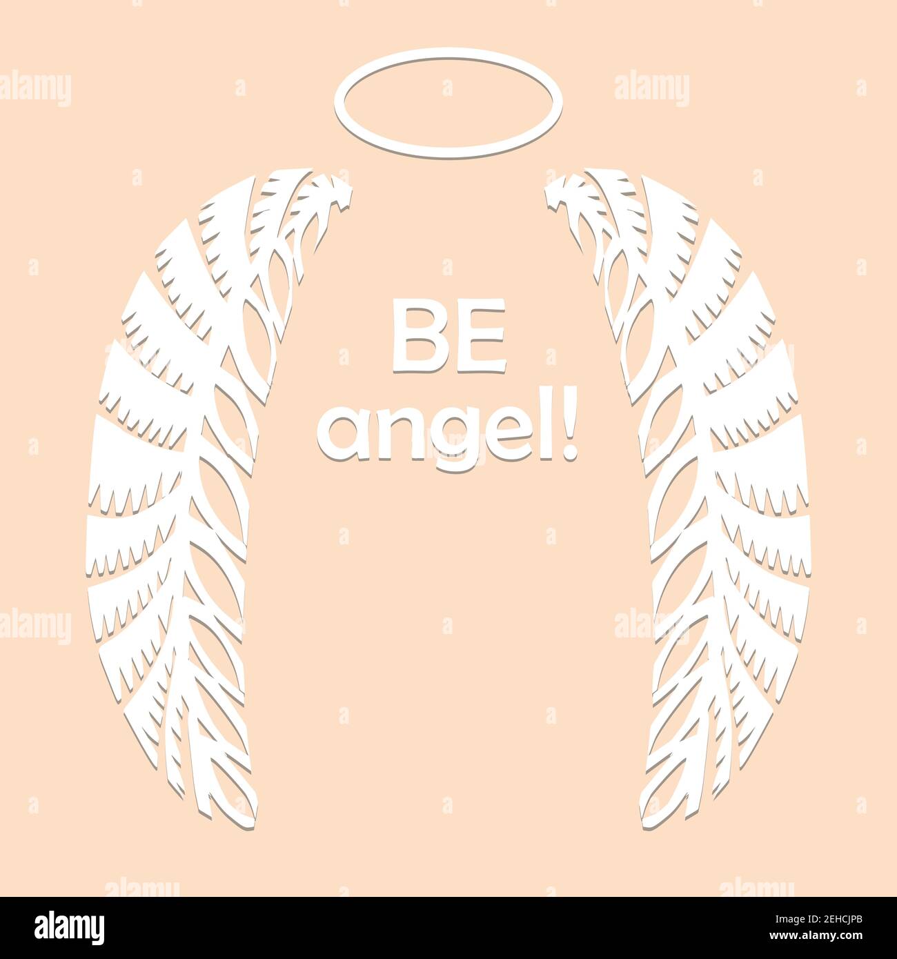 Angel wings and halo in white color isolated on beige background Paper cut decorative silhouette Traditional Belarusian, Polish paper clippings make Stock Vector