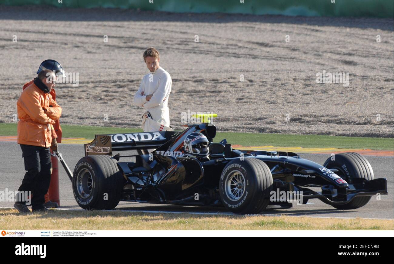 Formula One - F1 - F1 Testing - Valencia, Spain - 2/2/07  Jenson Button of Honda experiences technical difficulties during testing  Mandatory Credit: Action Images / Crispin Thruston Stock Photo