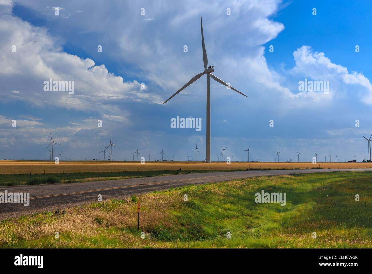 Wind Farm, Clarendon Texas, south of Interstate 40 Route 70 Gray County Texas. Late afternoon sun with cloudy sky in background. Stock Photo