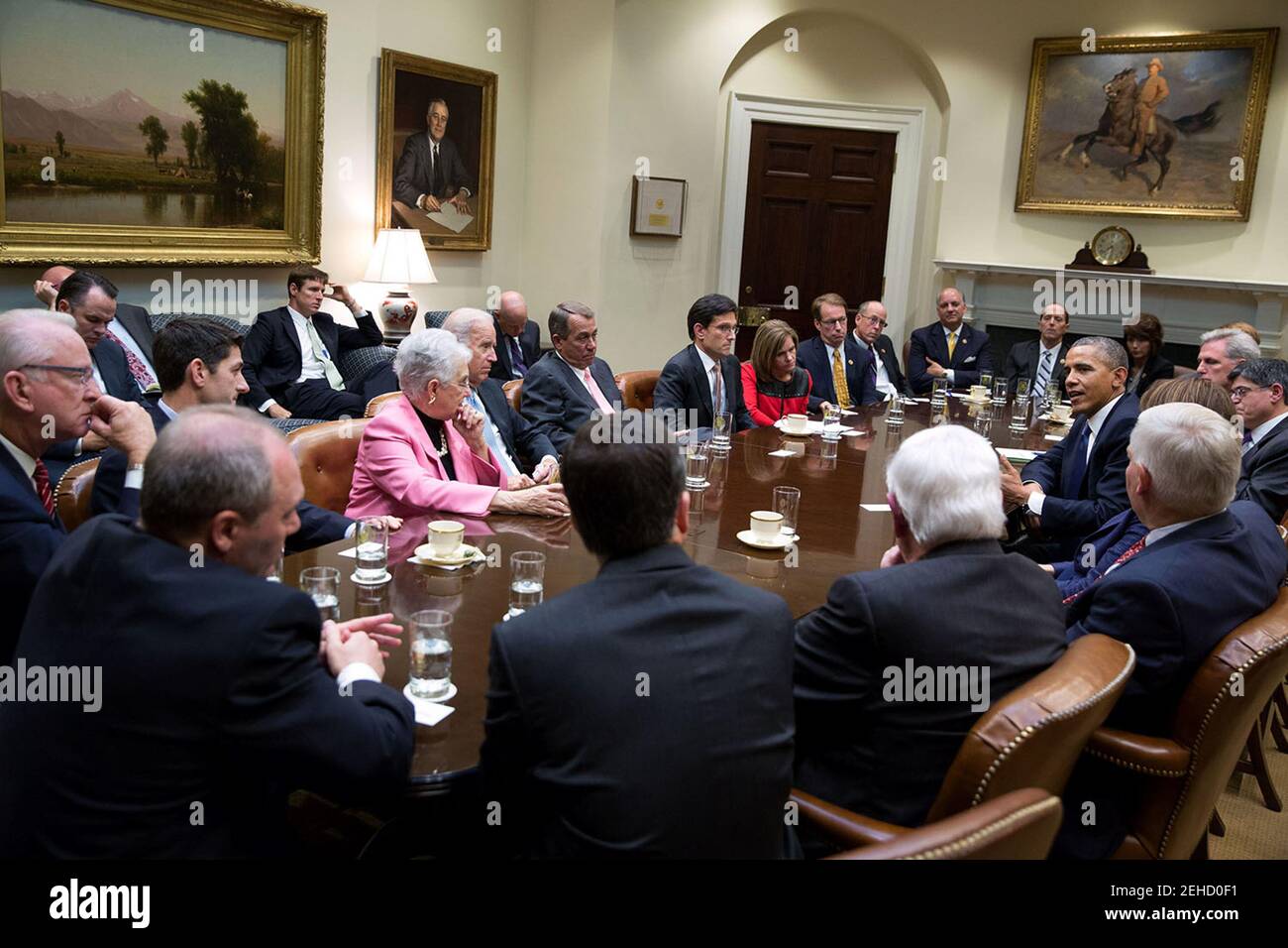 Oct. 10, 2013 'This is a case where the meeting itself, not the before or after pictures, really conveyed the tone as the President met in the Roosevelt Room with the House Republican leadership to discuss the federal government shutdown and debt ceiling deadline.' Stock Photo