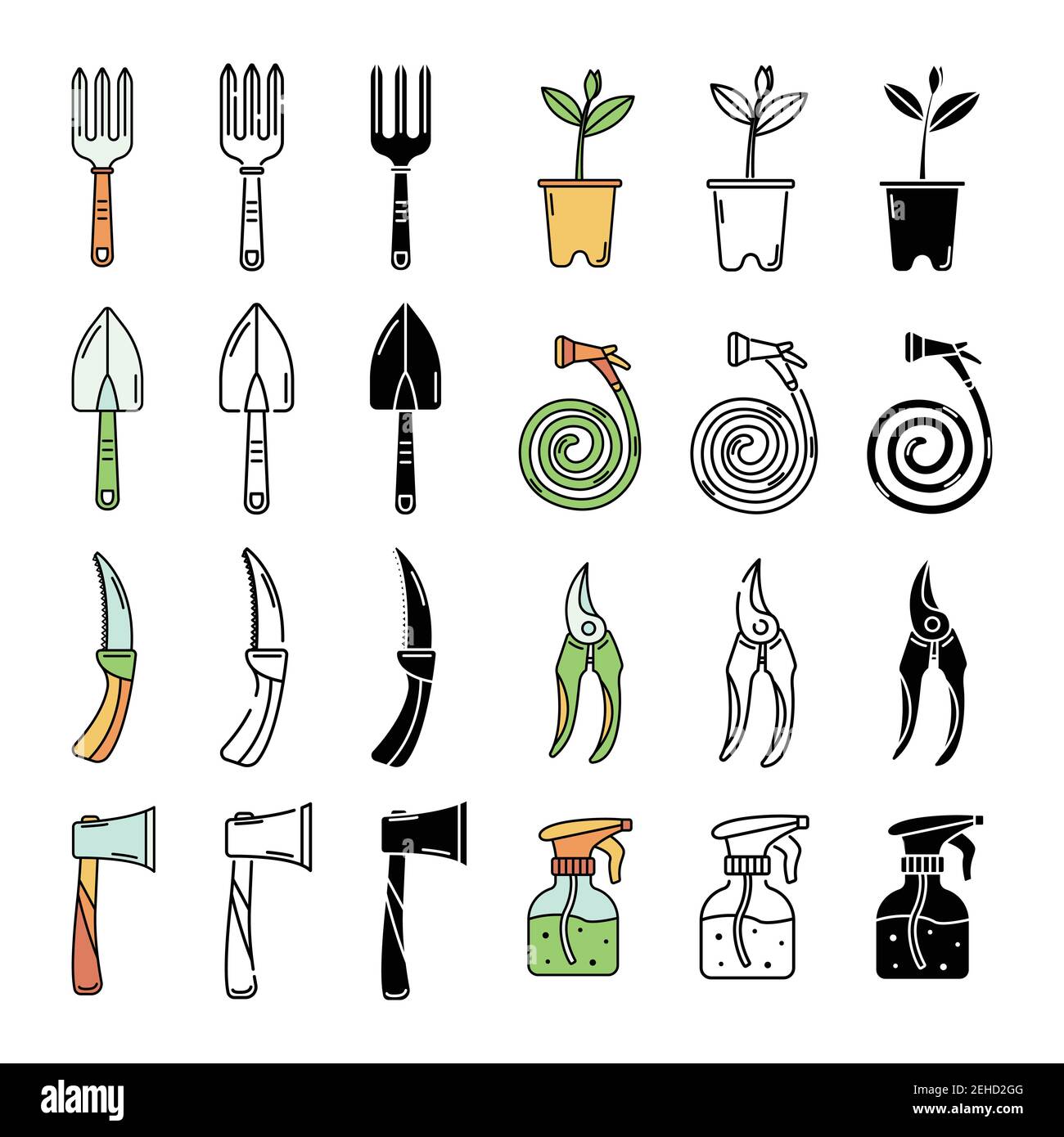 The vector set with garden tools. Line art and simple style Stock ...