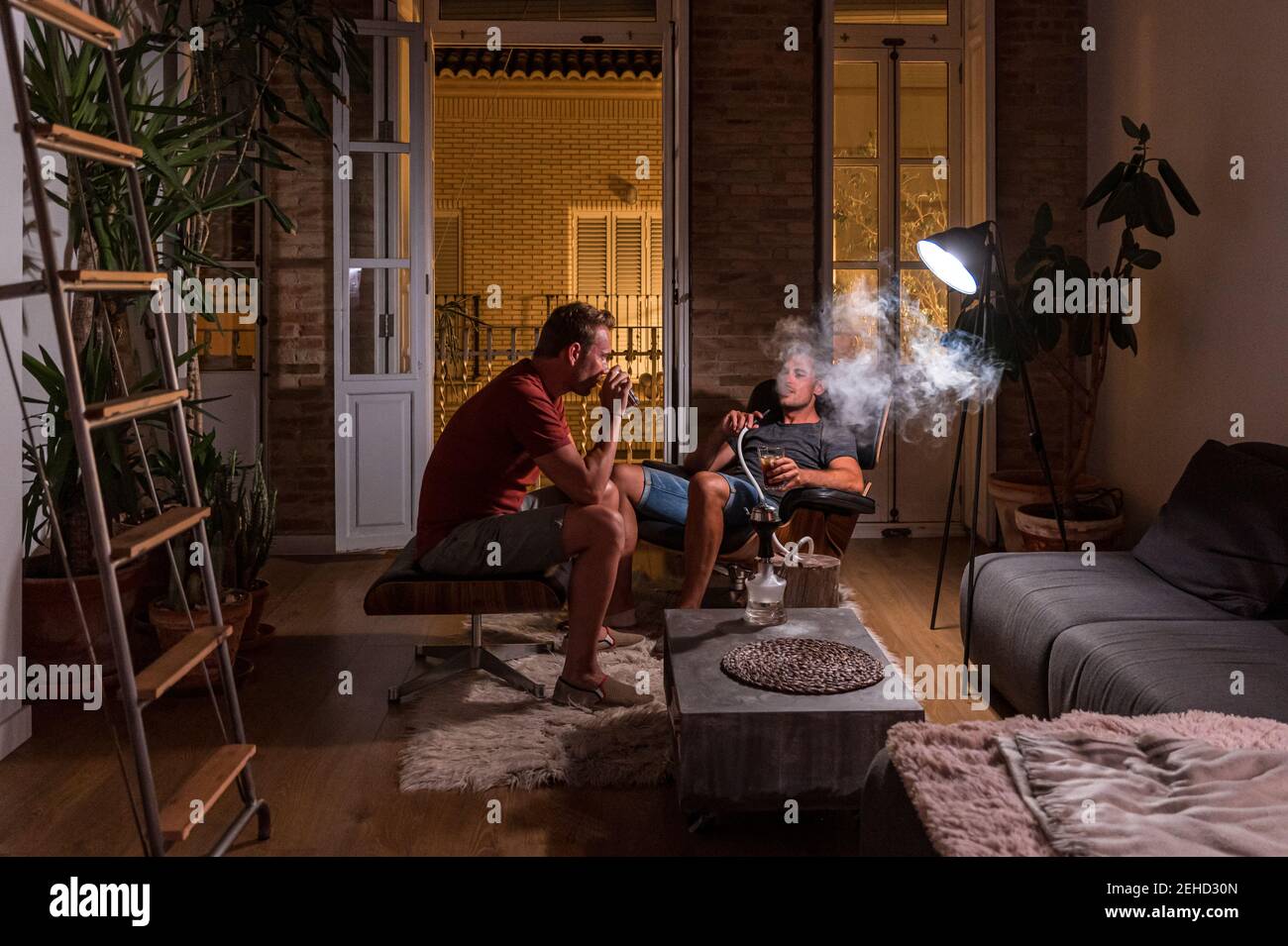 Male friends sitting in living room and resting in evening while