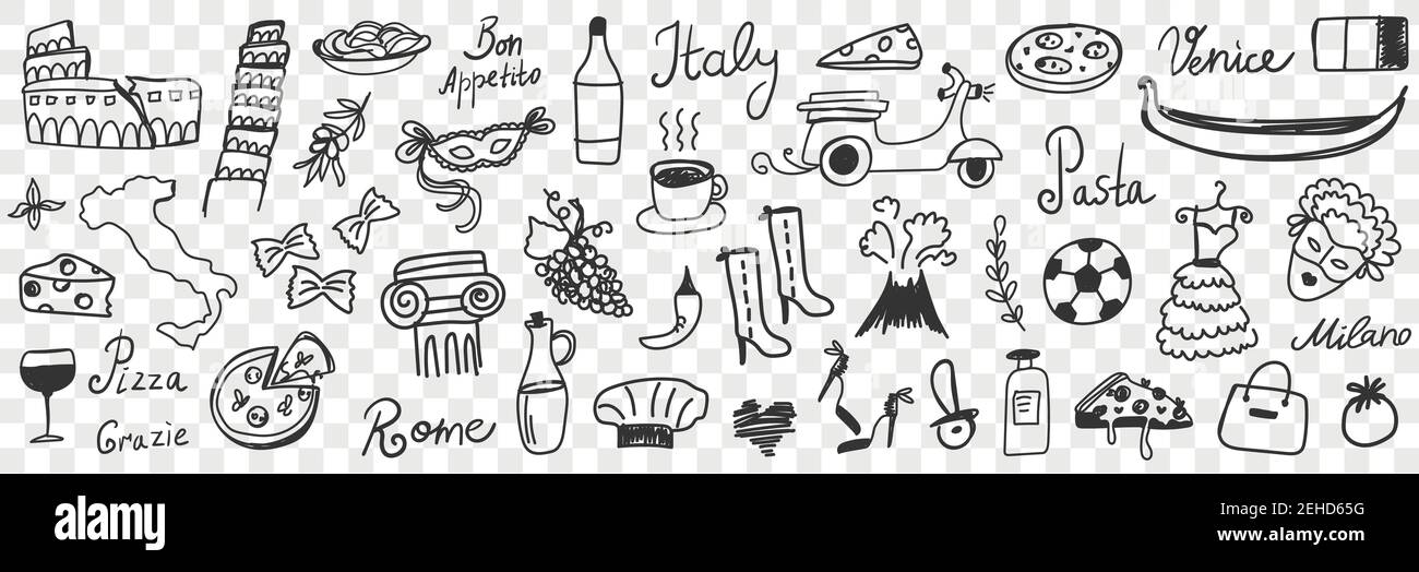 Symbols of Italy doodle set. Collection of hand drawn Italian boots pizza coffee wine sightseeing scooter gondola map mask of carnival cheese volcano pasta isolated on transparent background Stock Vector