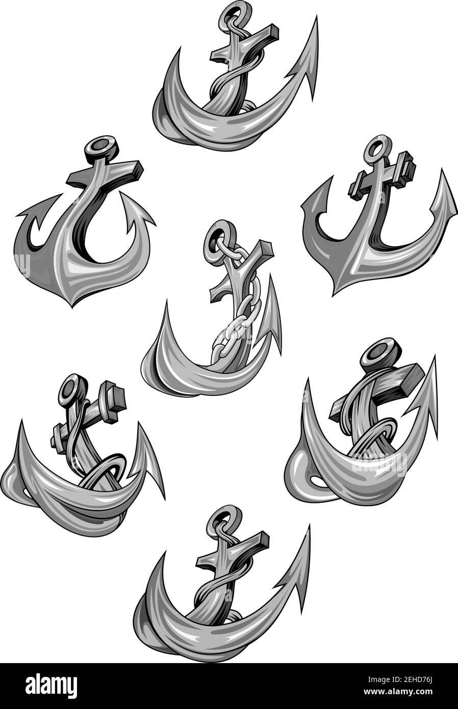 Anchor vector isolated icons set for heraldic design or tattoo
