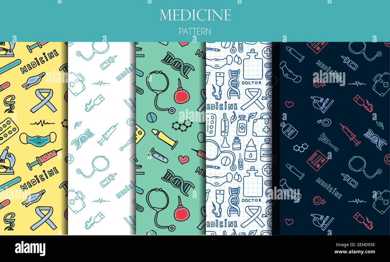 A set of medical seamless patterns. Medical doodle poster with medicines, test tubes and a thermometer. Big pharmacy set. Vector illustration card wit Stock Vector