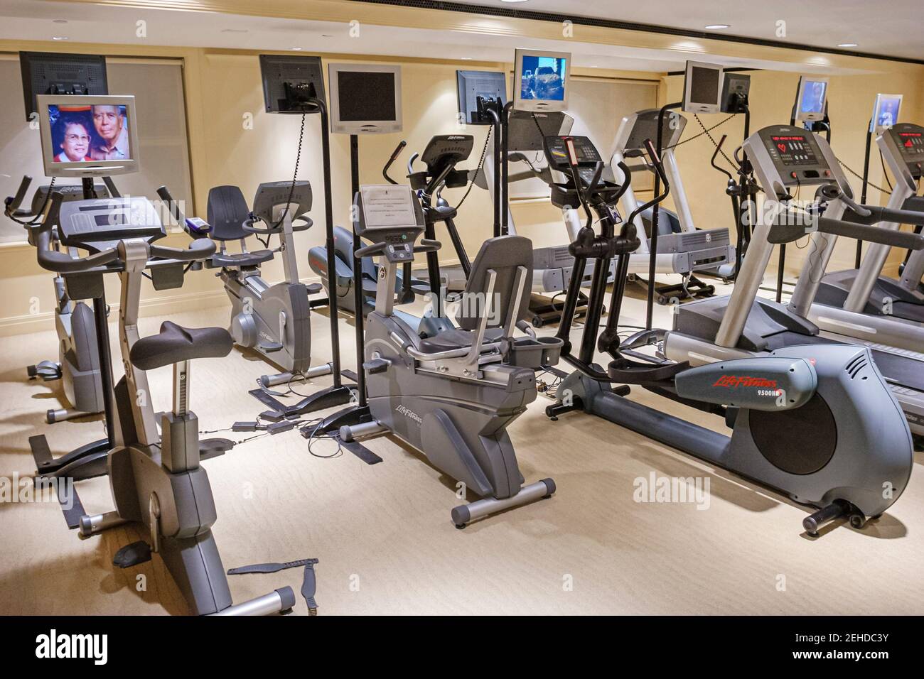 Miami Beach Florida,Lincoln Road Ritz Carlton,hotel inside interior,health club gym workout equipment fitness stationary bike, Stock Photo