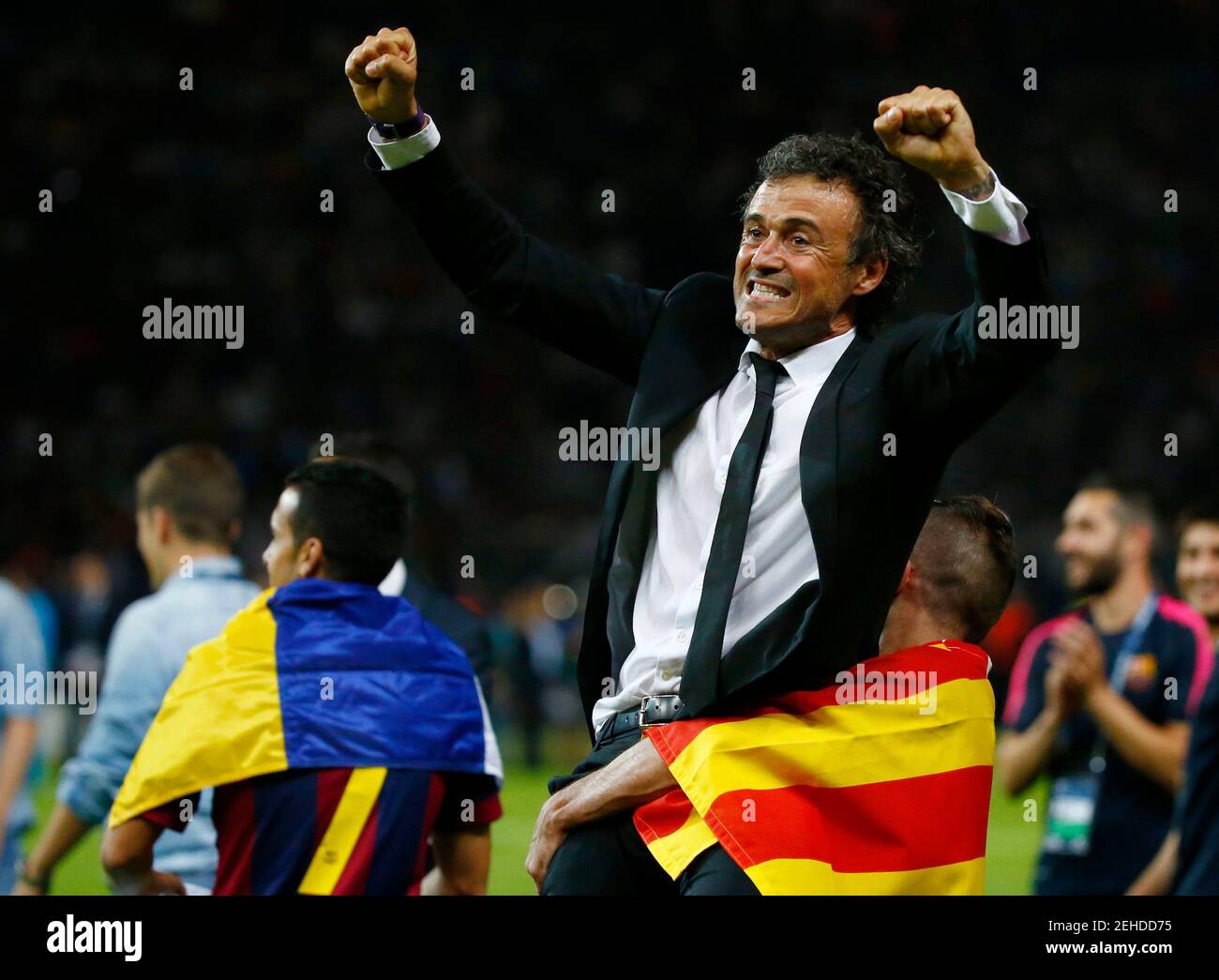 Football - FC Barcelona v Juventus - UEFA Champions League Final - Olympiastadion, Berlin, Germany - 6/6/15  Barcelona coach Luis Enrique celebrates at the end of the game  Reuters / Michael Dalder Stock Photo
